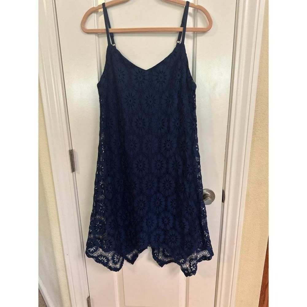 AUW‎ Navy Blue Floral Lace Sleeveless Pull Over Dress Shark Bite Hem, Size 6